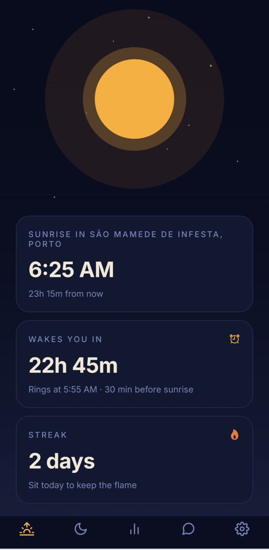 Dawn Ritual app showing sunrise time and alarm countdown