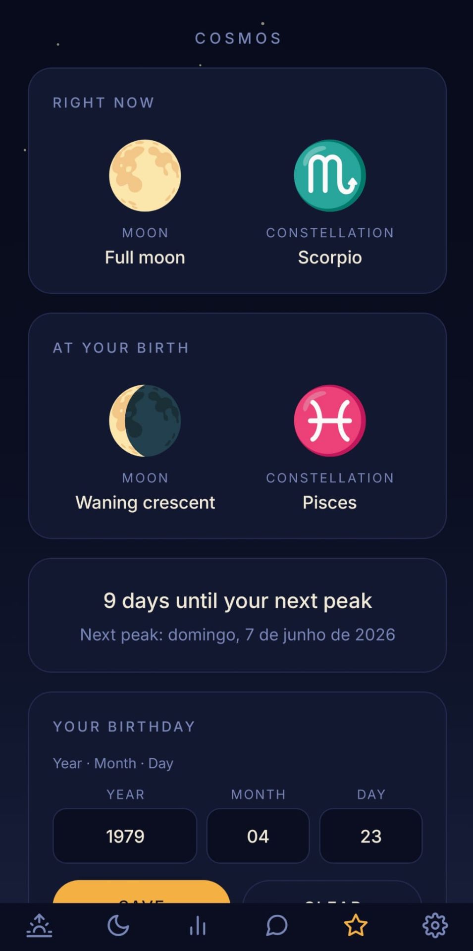Dawn Ritual cosmos screen showing moon phases and meditation energy peak
